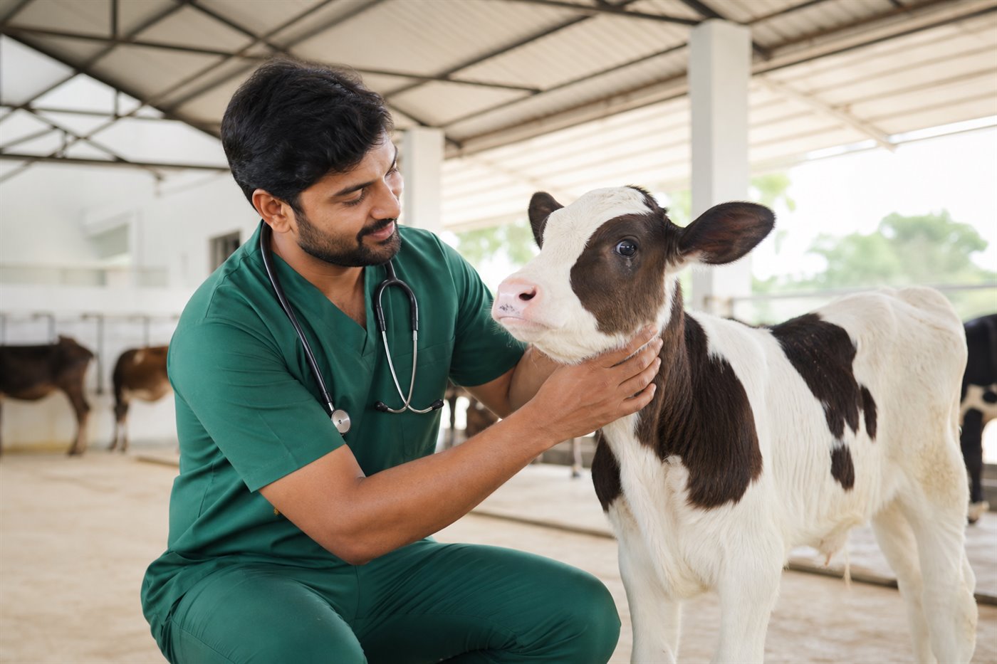 Veterinarian examining a calf for animal healthcare